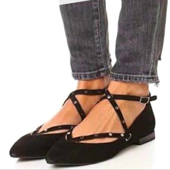 Rebecca Minkoff Faye Black Suede Silver Studded Ankle Wrap Flats Size 6 - Picture 1 of 14